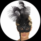 Venezianische Stabmaske Schwarz mit Federn